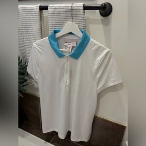 White Polo Golf Shirt with Blue Collar by Tommy Bahama